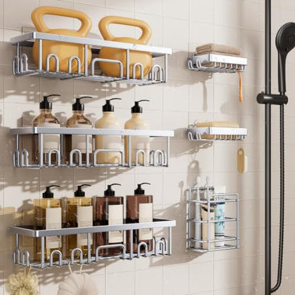 Veken Shower Caddy 6-Pack, Family Choice Award Winner, Large Wall Mounted Shower Rack, Bathroom Shelves Over Toilet, Organizer Storage Accessories with Soap Dish&Toothbrush Holder - color: Silver