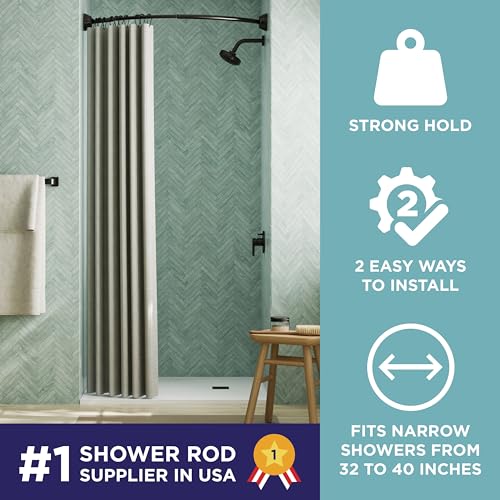 Zenna Home No Drill Curved Shower Curtain Rod, 32 - 40 Inches Adjustable Shower Rod for Small Tubs or Showers, Easy Install, Choice of No Drilling Tension or Wall Mount, Rustproof, Bronze