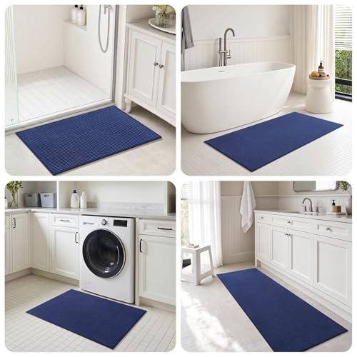 tchdio Bathroom Runner Rug, Absorbent Washable Thin Bath Mat, Non Slip Quick Dry Bath Rugs with Solid Rubber Backing, Low Profile Bath Mat, Blue, 24" x 48" - color: Blue, size: 4' x 2' (Rectangular)