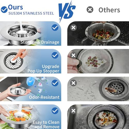 Sink Drain Strainer - Sink Stopper, 3-in-1 Kitchen Stainless Steel Drain Plug with Anti-Clog Basket, Pop-Up Cover