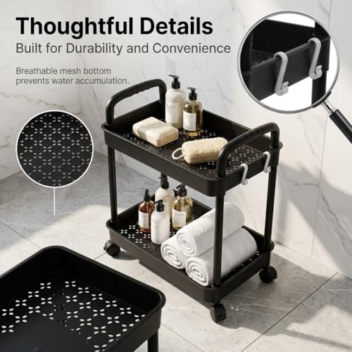 2-Tier Black Rolling Storage Cart with 4 Hanging Hooks - Slim Mobile Utility Cart Organizer, Compact Multi-Functional Narrow Rolling Shelf Rack on Wheels for Kitchen, Bathroom, Laundry Room, Office