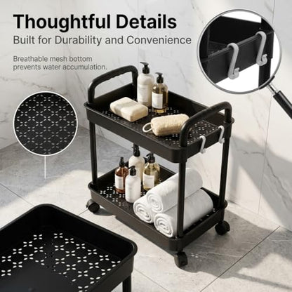2-Tier Black Rolling Storage Cart with 4 Hanging Hooks - Slim Mobile Utility Cart Organizer, Compact Multi-Functional Narrow Rolling Shelf Rack on Wheels for Kitchen, Bathroom, Laundry Room, Office