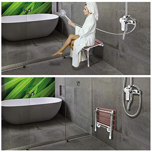 Folding Shower Seat Wall Mounted with Legs, Foldable Shower Chair for Inside Shower, Fold Down Shower Bench for Seniors (Wood, Fixed Height)