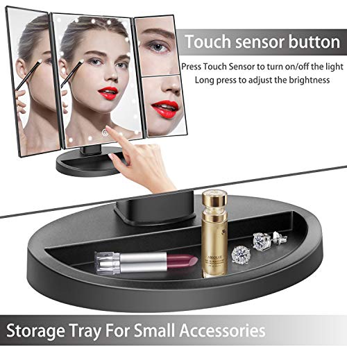 Tabletop Mount Trifold Lighted Vanity Mirror with 21 LED Lights, Touch Screen and 3X/2X/1X Magnification, Two Power Supply Mode Make up Mirror,Travel Mirror - color: Black
