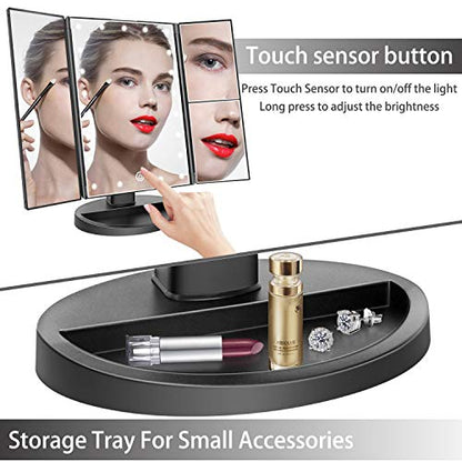 Tabletop Mount Trifold Lighted Vanity Mirror with 21 LED Lights, Touch Screen and 3X/2X/1X Magnification, Two Power Supply Mode Make up Mirror,Travel Mirror - color: Black
