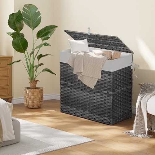 Greenstell Laundry Hamper with Lid, 125L Wicker Laundry Baskets with 2 Removable Liner Bags & 5 Mesh Laundry Bags, Handwoven Rattan Clothes Hamper with Handles for Clothes in Bathroom, Bedroom - color: Light Gray