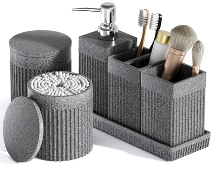 6-Piece Bathroom Set Grey - Stone Textured Resin Bathroom Organizer with Soap Dispenser, Toothbrush Holder, Vanity Tray, Tumbler & Cotton Swab Jars for Small Spaces - color: Grey