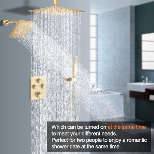 Dual Shower Heads Shower System with 16" Ceiling Mounted Rain Shower Head & 6" Wall Mounted Head Full Body Shower System 3 Way Thermostatic Shower Valve Can All Run Together, Brushed Gold - color: Brushed Gold, style: 16inch+6inch