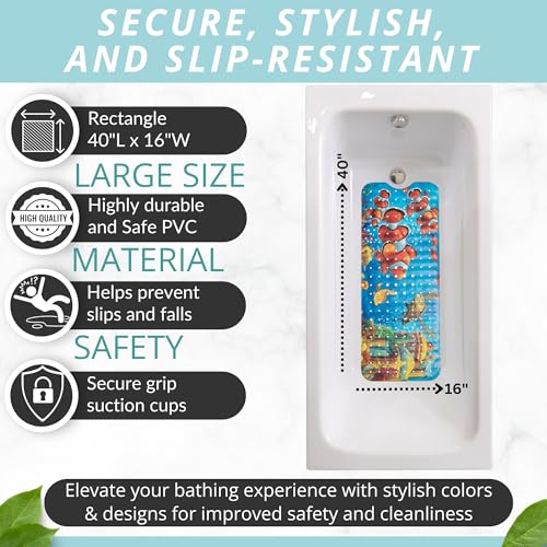 ENKOSI Non-Slip Bath & Shower Mat 40x16 Extra Long, Suction & Drain Holes | Fun clownfish print for kids; Durable PVC; 40x16 in, Clownfish - color: Clownfish Print