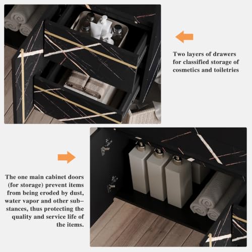 35.2 Inch Floating Bathroom Vanity with Ceramic Sink Combo, Modern Wall Mounted Bathroom Cabinet with 2 Soft-Close Doors & 2 Drawers, Faux Marble Top, Black - color: Black