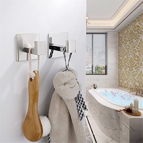 Flybath 2PCS Towel Hooks Self Adhesive 304 Stainless Steel Brushed Silver | Square, No Drill, Strong Hold, Rustproof, Wall Mount, Stylish Coat Robe Shower Hook For Hanging, Kitchen Bathroom Accessories - color: Brushed