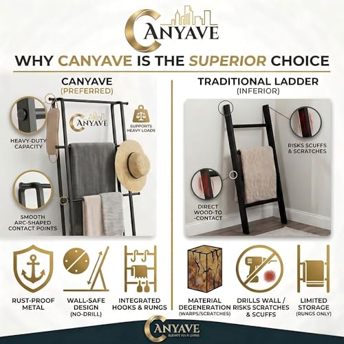 CANYAVE Metal Leaning Ladder Towel Rack, 4-Tier Blanket Stand for Bathroom Living Room, No Drilling Quilt Storage Organizer (Matte Black) - color: Matte Black