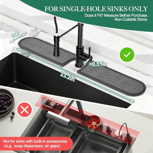 Faucet Mat for Kitchen Sink with Airflow Silicone Sleeve, Instant-Dry Diatomaceous Stone Sink Protector Tray Around Faucet for Kitchen, Bathroom, RV (Black Wave, 23.2" x 3.9" x 0.47") - color: Grey Wave - Dark Grey Silicone Edge
