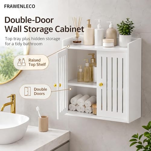 Bathroom Wall Cabinet, Wall Mounted Bathroom Organizer with Double Doors, No Drill PVC Storage Shelf for Toilet, Vanity, Washroom, Sink Area, White Bathroom Cabinet, 15.7 x 7.9 x 15.7 in