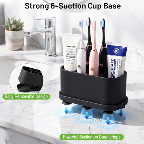 Luxspire Toothbrush Holders for Bathrooms, Silicone, 5 Slots, Black | Toothbrush Organizer with Suction Cup Tray, Toothbrush Holder with Drainage for Bathroom Countertop - color: Black