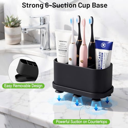 Luxspire Toothbrush Holders for Bathrooms, Silicone, 5 Slots, Black | Toothbrush Organizer with Suction Cup Tray, Toothbrush Holder with Drainage for Bathroom Countertop - color: Black