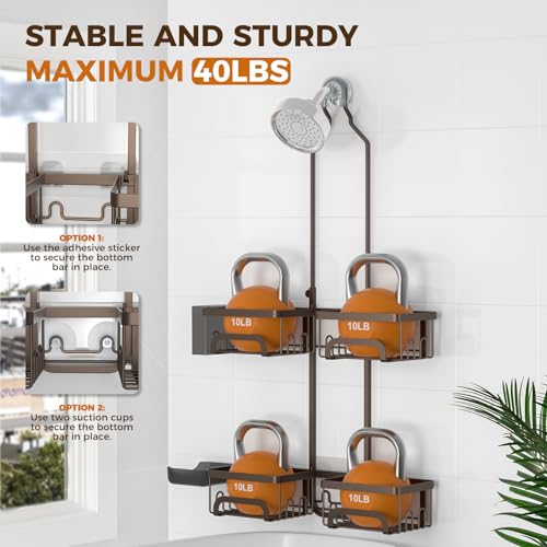 REINHARDT Split Shower Caddy Hanging for Handheld Showerheads, Bronze | Adjustable Shower Organizer, Rustproof, 16 Hooks, Soap Holder, 40lbs Capacity, Anti-Slip, Tool-Free, Bathroom Accessories - color: Bronze