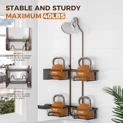 REINHARDT Split Shower Caddy Hanging for Handheld Showerheads, Bronze | Adjustable Shower Organizer, Rustproof, 16 Hooks, Soap Holder, 40lbs Capacity, Anti-Slip, Tool-Free, Bathroom Accessories - color: Bronze