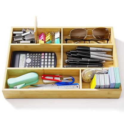 Bamboo Drawer Organizer with 9 Adjustable Compartments, Desk Storage Tray | Natural Bamboo, Flexible Modular Trays, Water-Resistant, Adjustable, Excellent Organization, Easy to Clean, Non-Slip Design - size: 9 Compartments