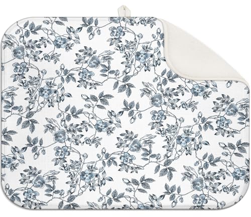 Spring Leaves Floral Dish Drying Mat for Counter, 18x24, XL Absorbent Pad | Quick-dry microfiber pad catches water, cushioned non-slip base protects counters, compact mat stores easily for daily use - color: Flower 08, size: 24" x 18"