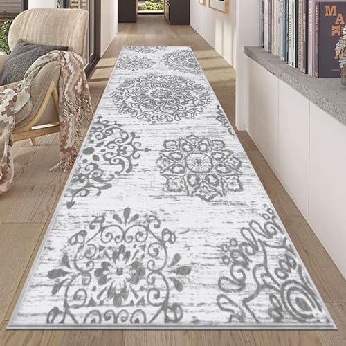 HEBE Hallway Runner Rug 2'x6', Washable Non Slip Kitchen Rug Runner | Soft Boho Bedroom Runner Rug, Vintage Distressed Low-Pile Floor Carpet Runners for Hallway, Entrance, Bathroom, Laundry - color: Grey, size: 2'8" x 8' (Rectangular)