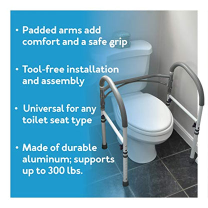 Carex Toilet Safety Rails, Adjustable and Detachable Toilet Safety Frame with Handles for Elderly, Handicap, or Disabled, Heavy-Duty Non-Slip Bathroom Grab Bar, with Padded Handles and Aluminum Frame