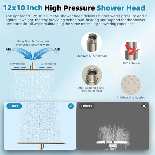 Hibbent 12'' Rainfall Showerhead with 4-mode Handheld Spray, Brushed Nickel | cUPC Certified High Pressure Showerhead Combo, 12'' Adjustable Extension Arm, Extension Bar, Easy Reach Holder, 71'' Hose - color: Brushed Nickel, style: Square 12''