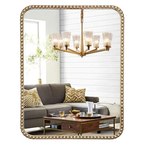 28"x36" Champagne Bronze Mirrors for Bathroom, Brass Vintage Bathroom Wall Mirror with Beaded Frame, Gold Beaded Mirror for Vanity Ornate Bedroom - size: 36"L x 28"W