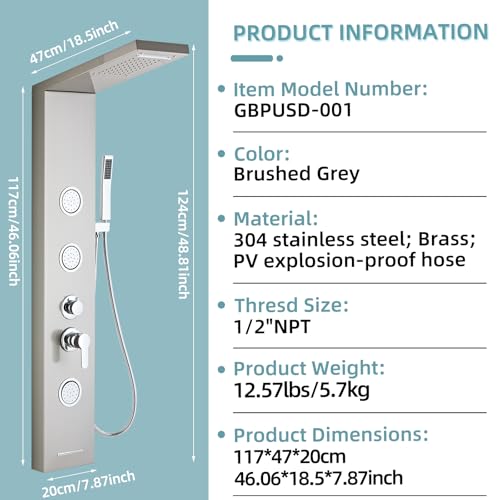 5-In-1Shower Panel Tower System-Brushed Gray | 304 stainless steel Shower Panel Column Tower With Powerful Body Jets,Body Spray,Rainfall,Waterfall,Handheld And Tub Spout - color: Gray
