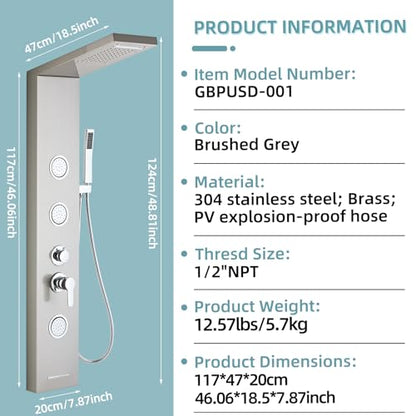 5-In-1Shower Panel Tower System-Brushed Gray | 304 stainless steel Shower Panel Column Tower With Powerful Body Jets,Body Spray,Rainfall,Waterfall,Handheld And Tub Spout - color: Gray