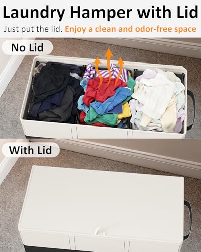 Optish 180L Laundry Hamper 3 Section, Large Laundry Hamper with Lid, Dirty Clothes Hampers with 3 Inner Bags, Laundry Basket Organizer for Bedroom, Bathroom, Hamper 3 Compartment, White & Black - color: White & Black