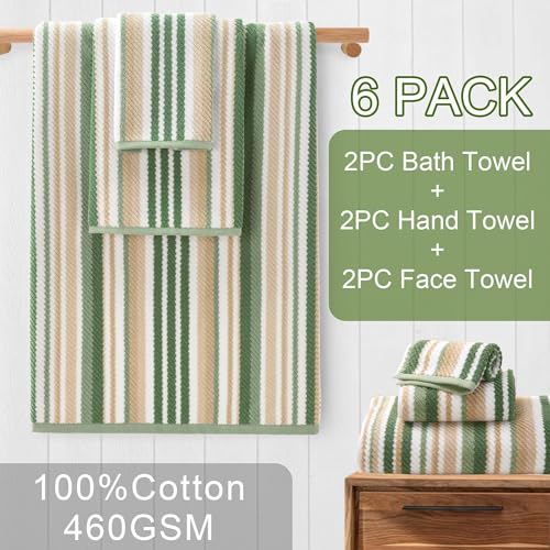 VOOVA & MOVAS Striped Towels 6 Pack, 100% Cotton, Sage Green | Daily Bathroom Use, Available in 13x13, 16x27, 28x52 In, Quick Dry, Soft, Absorbent, Bath Towels with Hanging Loops - color: Sage + Green + Beige Striped, size: 6 PCS Bathroom Towels