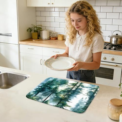 1Pc Pine Tree Dish Drying Mat 23.6x17.7 Inch/60x45cm Microfiber Polyester Cotton Forest Absorbent Countertop Pad Heat Resistant Coffee Bar Station Mat With Hanging Loop Green - style: Forest