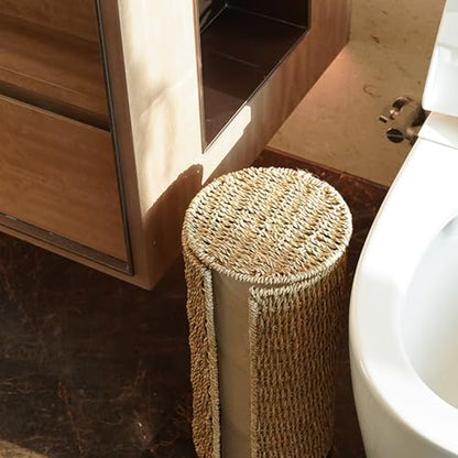 PINXIURY Seagrass Toilet Paper Holder with Storage, 3 Rolls of Wicker Toilet Paper Holder for Bathroom and Under Sink, Handmade Woven Toilet Paper Rolls Holder Stand - color: Natural Seagrass