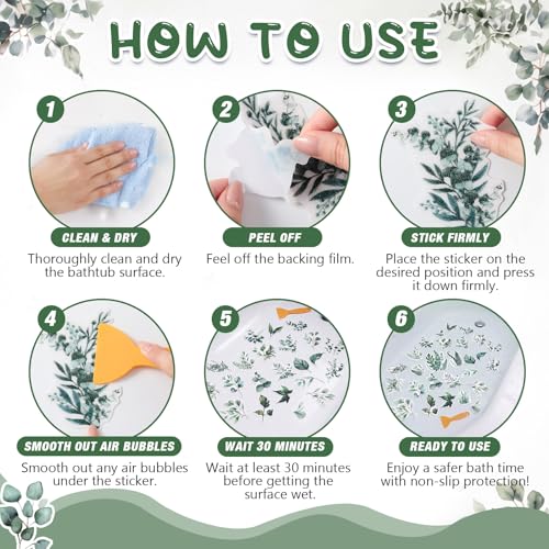 Fullhawl 30 Pcs Eucalyptus Non Slip Bathtub Stickers Green Eucalyptus Anti Slip Shower Stickers Shower Floor Nonslip Sticker Applique Adhesive Decals Treads with Scraper for Bathtub Bathroom Floor - style: Eucalyptus