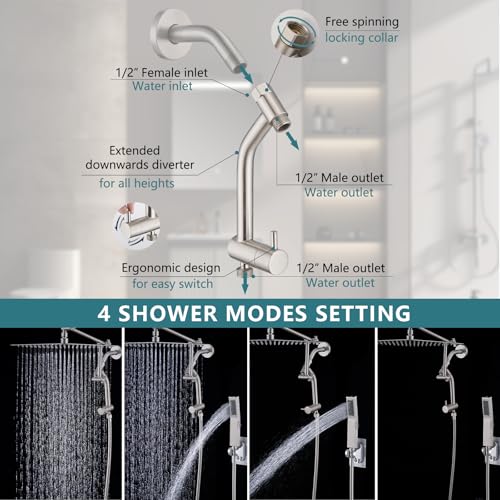 PDPBath Brass Shower Arm Diverter with Adhesive Handheld Holder for Easy Reach, Upgrade Low 3-Way Diverter with Pause Setting, G1/2 Universal Connection - Brushed Nickel - color: Brushed Nickel-3