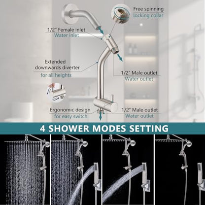 PDPBath Brass Shower Arm Diverter with Adhesive Handheld Holder for Easy Reach, Upgrade Low 3-Way Diverter with Pause Setting, G1/2 Universal Connection - Brushed Nickel - color: Brushed Nickel-3