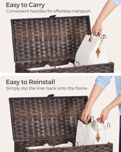 130L Wicker Laundry Hamper with Lid, 3-Section Laundry Basket | 3 Removable Liner Bags; 4 Included Mesh Laundry Bags; Handwoven PP Wicker; Reinforced Steel Frame - color: Brown