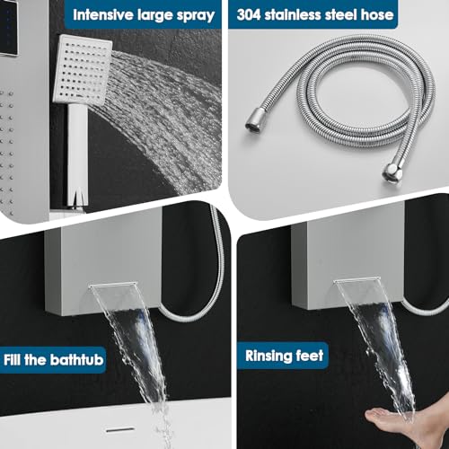ROVOGO LED Shower Panel Tower With Lights & Digital Display, Water Powered | Rain Mist Shower Head, Handheld, 5 Body Jets, Tub Spout, Hydroelectric Shower Column Stainless Steel W/ Brass Valves, Brushed - style: 6-Function-Brushed-Water Powered