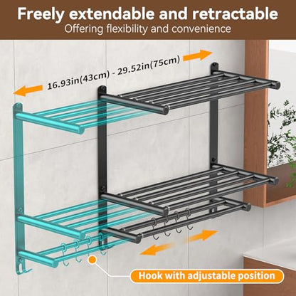 Adjustable 16.9–28" Matte Black Towel Rack for Bathroom SUS304 Stainless Steel 2-Tier Shelf with Extended Bar & 4 Sliding Hooks, Adhesive or Screw Mount, Bathroom/Over-Toilet Organizer - color: Adjustable 16.9–28" Matte Black Towel Rack