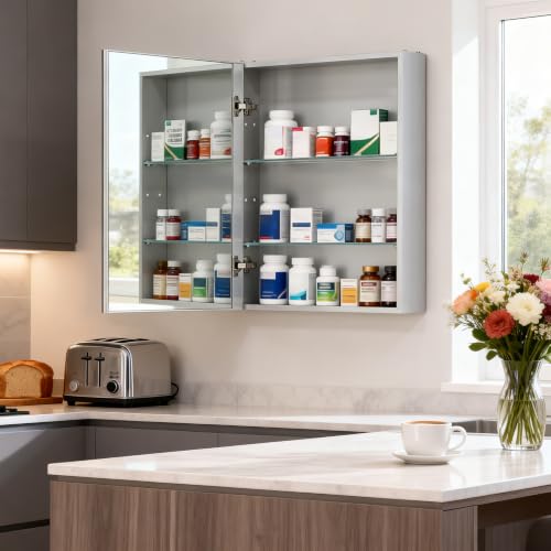 20"x 26"Bathroom Medicine Cabinet,Double-Sided Mirror Door | Silver Aluminium Frame,Lightweight,Sturdy and Attractive,Simple Wall-Mounted,Adjustable Shelves,Tempered Glass - size: 20"x 26"
