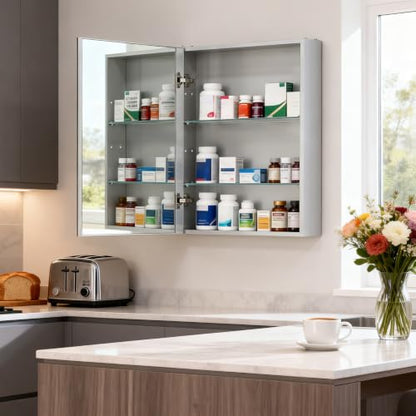 20"x 26"Bathroom Medicine Cabinet,Double-Sided Mirror Door | Silver Aluminium Frame,Lightweight,Sturdy and Attractive,Simple Wall-Mounted,Adjustable Shelves,Tempered Glass - size: 20"x 26"