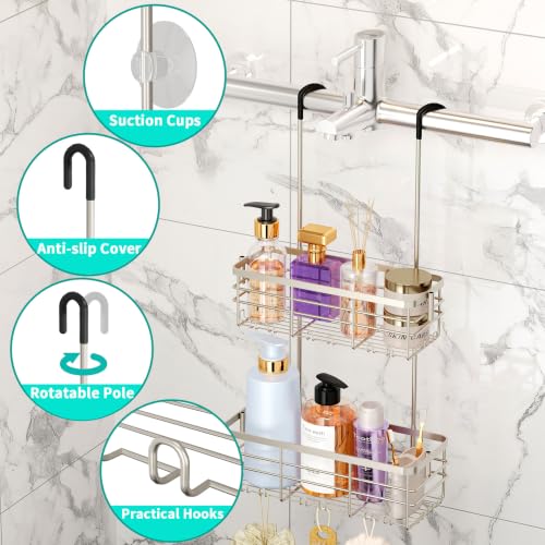 HapiRm Shower Caddy Organizer Hanging - No Drilling Shower Rack with Hooks | For Renters & Small Bathrooms, No Drilling 2-Tier Shelves, Rustproof 304 Stainless Steel, Brushed Nickel - color: Brushed Nickel
