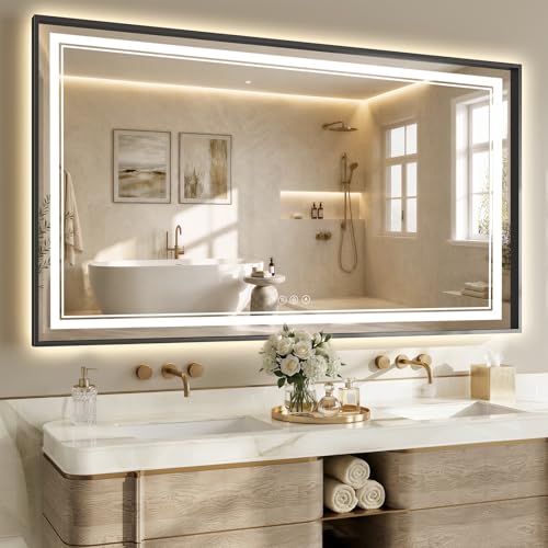 36"x60" LED Bathroom Mirror with Lights, Backlit + Front Lit, Anti-Fog, Lighted Bathroom Mirror with One-Piece Aluminum Alloy Frame, HD Shatterproof Tempered Glass, Dimmable, Memory Function - color: Black, size: 60"L x 36"W