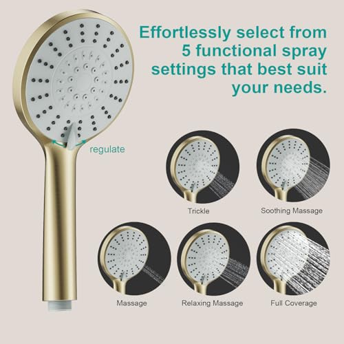 Shower Slide Bar Handheld Shower Head with Hose, 5-Function Hand Shower with Wall Mount，shower slide bar,adjustable height shower head (A-round, Brushed Gold) - color: Brushed Gold