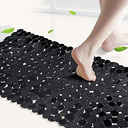 SONGZIMING Non-Slip Pebble Bathtub Mat Black 16 W x 35 L Inches (for Smooth/Non-Textured Tubs Only) Safe Shower Mat with Drain Holes, Suction Cups for Bathroom - color: Black