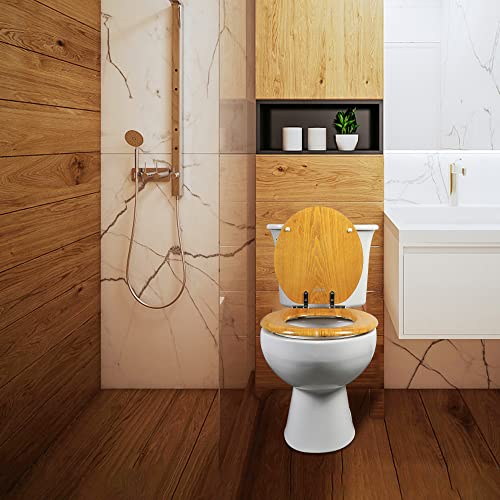 Angel Shield Elongated Wooden Toilet Seat Quiet Close(Oak) | Quick Release Metal Hinges, Adjustable Fit for Standard Elongated Toilets, Easy to Install&Clean - color: Oak, size: Elongated