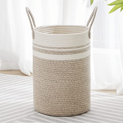 VIPOSCO 30L Small Woven Laundry Basket Hamper, Brown White | Cotton rope laundry hamper, collapsible wicker basket, storage for blanket, toys, dirty clothes, for bedroom, bathroom - color: Brown & White, size: 30L