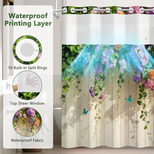 No Hook Floral Shower Curtain with Snap in Liner, Machine Washable Cloth Shower Curtain with See Through Window and Weighted Bottom, Waterproof Fabric Summer Shower Curtains for Bathroom, 71"W x 74"L - color: Flower Vine
