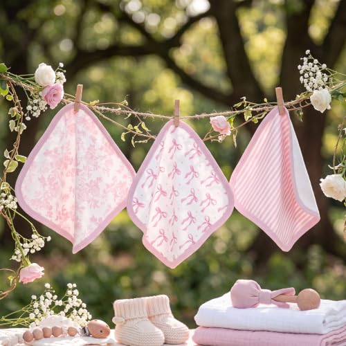 Irenare 3 Pack Pink Bow Baby Washcloths, Floral Striped Baby Soft Face Towels, Absorbent Knit Terry Wash Cloth for Girls, Gentle on Sensitive Skin Great for Bathing Wiping Shower Gift and Essential